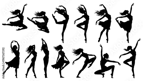Graceful ballerina silhouettes set, 13 black vector dance elements, elegant female dancers in motion, contemporary ballet poses for performance posters