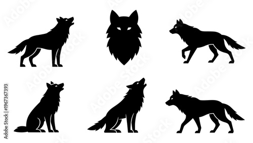 Black wolf silhouette vector set, howling and walking wild animal icons, 6 minimalist timber wolf illustrations for logo design and outdoor branding