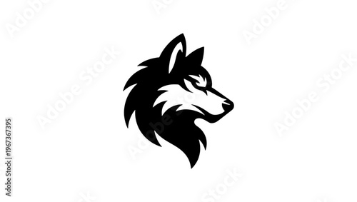 Minimalist wolf head vector logo, black and white husky profile mascot, stylized wild animal silhouette for sports branding and identity