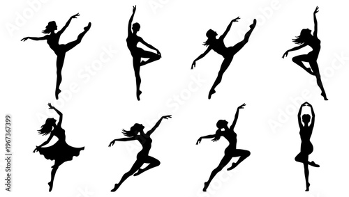 Graceful ballet dancer silhouettes, set of 8 ballerina vector icons, elegant female performers in classical dance poses and jumping motions