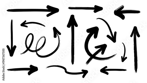 Hand drawn black ink arrow set, collection of 12 brush stroke pointer icons, decorative grunge direction symbols for business presentations and web design