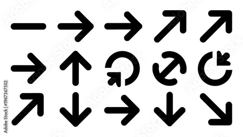 Minimalist black arrow icon set, 15 bold vector navigation symbols, modern directional pointers for UI design and web interface elements