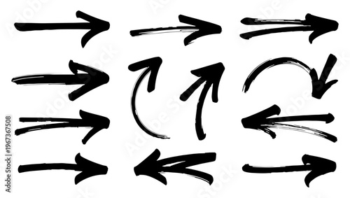 Hand drawn black ink arrow set, collection of 11 grunge brush stroke pointers, decorative calligraphy direction symbols for web and print design