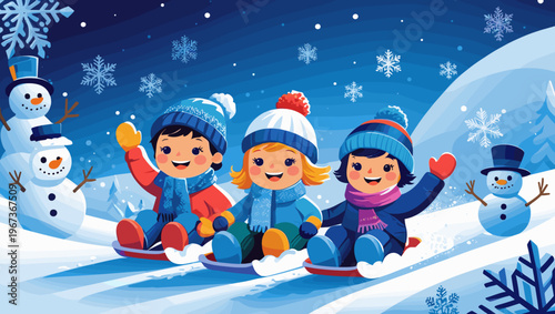 Children having fun, smiling while sledding in a snowy winter landscape with snowflakes