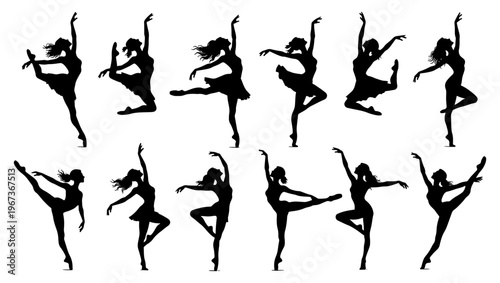 Graceful ballet dancer silhouettes set, 12 elegant ballerina poses in black vector, contemporary dance and rhythmic gymnastics figures for performing arts