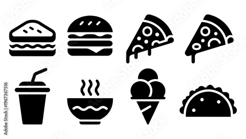 Fast food icon set with 8 black solid vectors, minimalist restaurant menu symbols, junk food illustrations including burger pizza and taco