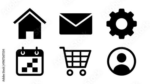 Minimalist black web icon set, 6 essential interface symbols for website navigation, flat vector icons for mobile app design and ecommerce