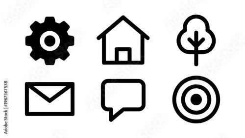 Minimalist black line icon set, collection of 6 essential web symbols, modern outline vector graphics for interface design and mobile apps