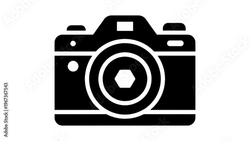 Minimalist camera icon vector, black digital SLR silhouette, professional photography equipment symbol for web and app interface design