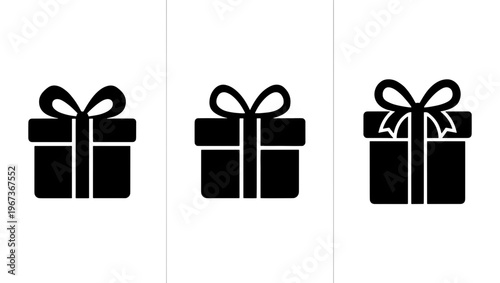 Minimalist gift box icon set, black present symbols with ribbons and bows, flat vector illustration of holiday surprise packages for retail
