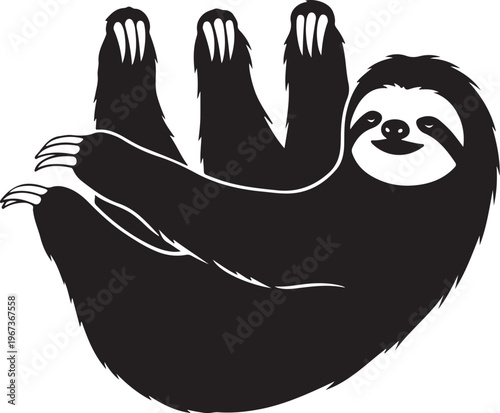Black and white of a smiling sloth hanging upside down