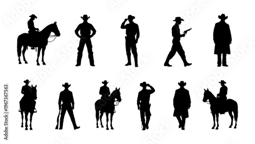 Wild West cowboy silhouettes set, 11 western outlaw and sheriff vector elements, horse riders and gunmen in black isolated on white