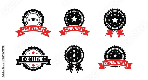 Three red and three black award ribbons with achievement a silhouette