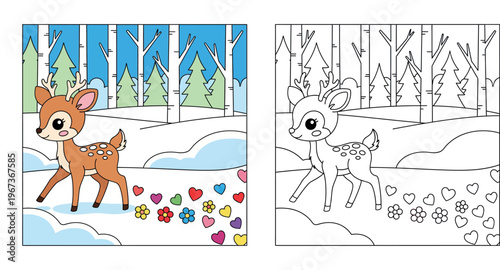Cute cartoon deer walking in a snowy forest leaving a trail of colorful hearts and flowers. Happy fawn character bringing spring love concept vector illustration.