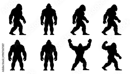 Bigfoot silhouette collection with 8 vector elements, mythical sasquatch creature in various poses, yeti and cryptid monster shapes for outdoors branding