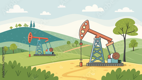 Cartoon style oil pumps in a serene countryside landscape with rolling hills and green trees under a light blue sky