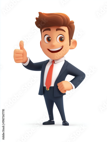 Smiling businessman mascot figurine in a suit showing thumbs up isolated on white