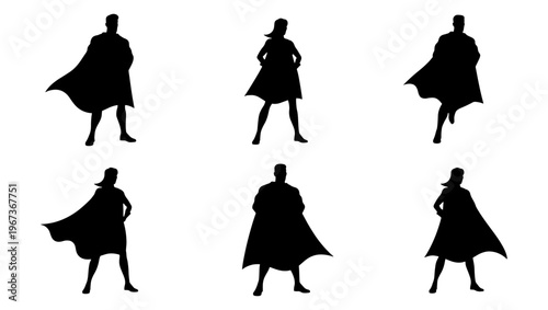 Superhero silhouettes collection, set of 6 heroic male and female figures with capes, black character outlines for comic book design and leadership concepts
