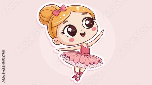 Cute chibi ballerina girl in pink tutu and ballet shoes dancing on pastel background with big eyes and rosy cheeks