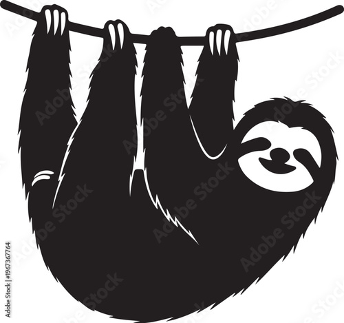 Black and white of a smiling sloth hanging upside down from a branch