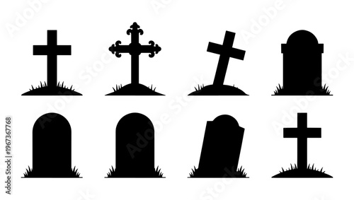 Spooky Halloween tombstone silhouettes, set of 8 cemetery gravestones and crosses, black graveyard headstone icons for funeral or horror design