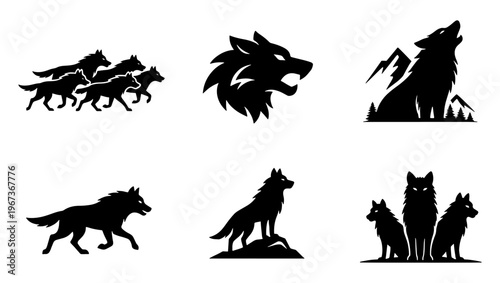 Wolf silhouette vector set, black howling wolf and pack of wolves icons, wild animal mascot logos for sports and outdoor branding