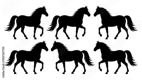 Black horse silhouette collection, set of 6 stallion vector icons, walking equine animal shapes, isolated wild mustang graphics for logo design