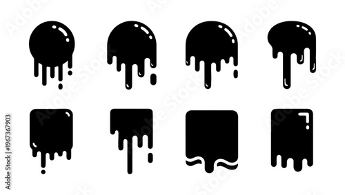 Black dripping liquid shapes set, 8 vector ink splash icons, melting paint and oil drop silhouettes, glossy slime blobs for graphic design
