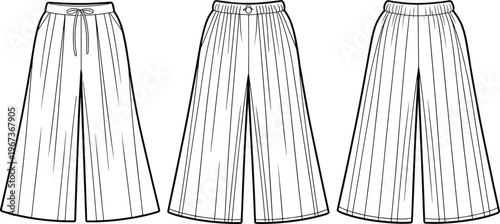 Three long black skirts with pleated and waistbands displayed side by side pleated skirt long skirt