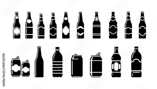 Black beverage bottle icons set, 17 vector drink containers and aluminum cans, minimalist soda and beer bottle silhouettes for packaging design