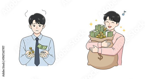 A man with little money and a man with a lot of money. A concept illustration of the gap between the rich and the poor flat vector illustration