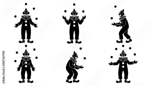 Vintage circus clown silhouette set, juggling performer vector icons, traditional carnival entertainer characters in black and white