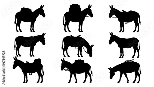 Donkey silhouette vector set, 9 pack animal icons with saddles and luggage, black mule and burro silhouettes for farm and travel design
