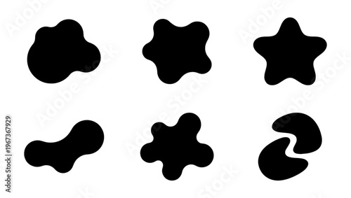 Abstract organic blob shapes, set of 6 black liquid silhouettes, fluid amoeba vector elements for modern graphic design and branding