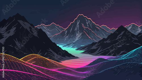 Vibrant neon lit abstract mountain range with glowing waves and purple sky at dusk futuristic landscape
