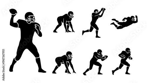 American football player silhouettes set, 7 black vector icons of athletes in action, quarterback throwing and players running or tackling