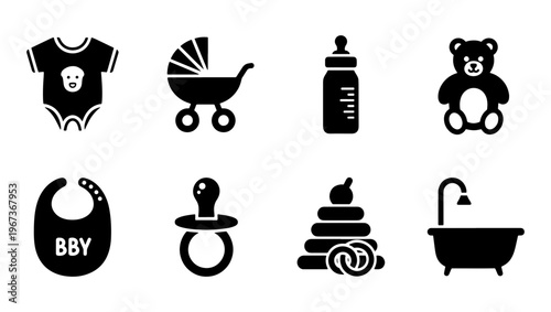 Minimalist baby care icon set, 8 black solid vector symbols for newborn essentials, nursery equipment and infant toys collection