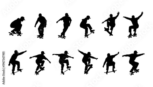 Skateboarder silhouette collection with 12 vector elements, active skaters performing tricks and jumps, black extreme sports figures on white background