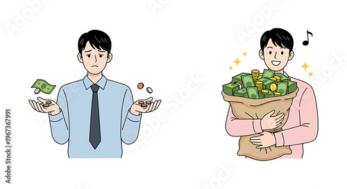 A man with little money and a man with a lot of money. A concept illustration of the gap between the rich and the poor flat vector illustration