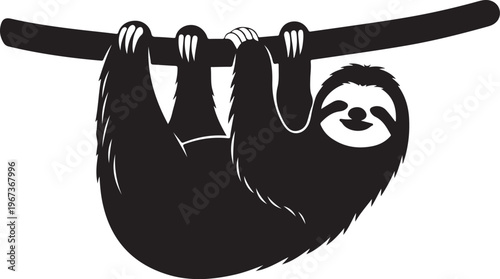 Black and white of a smiling sloth hanging upside down from a branch