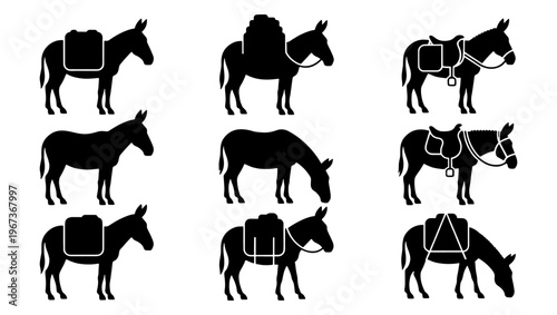 Donkey silhouette icons set of 9 vector elements. Pack animal silhouettes with saddles and cargo bags. Mule and burro farm animal graphics for agriculture and travel.