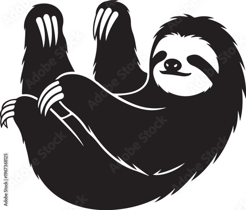 Black and white of a smiling sloth hanging upside down