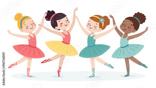 Diverse group of young ballet dancers holding hands in colorful tutus dancing together in harmony
