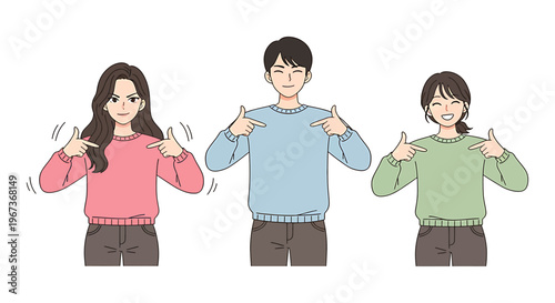 People who point at themselves. They are confident and recommend themselves flat vector illustration