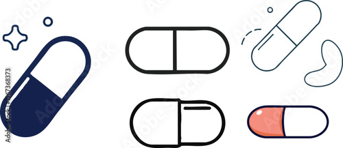 Minimal Outline Pill Capsule Icon Simple Line Art White Background  Pack, Clean Medical and Healthcare Line Art Illustration, Modern Pharmacy and Medicine Sketch, Simple Minimalist Capsule Vector fo