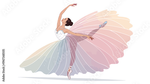 Elegant ballerina in flowing layered tutu performs dance move with poise and grace on stage