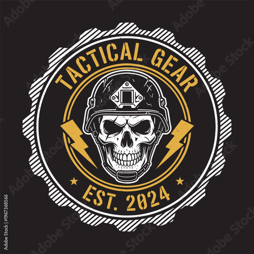 Skull in a tactical military helmet in a vintage circular badge or logo vector illustration.