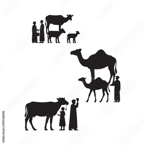 Silhouettes of people camels and cattle in a minimalist desert scene