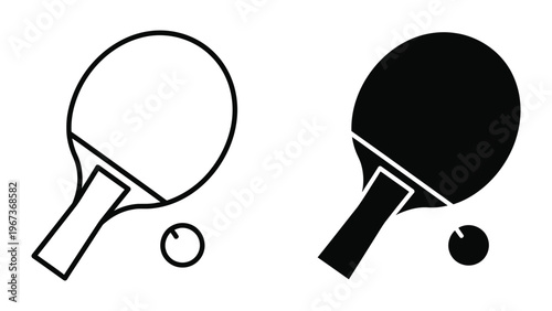 Two contrasting table tennis paddles and balls in black and white illustration