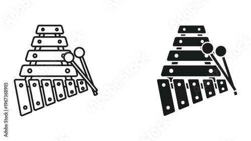 Contrasting visual styles of marimba and xylophone musical instruments in black and white